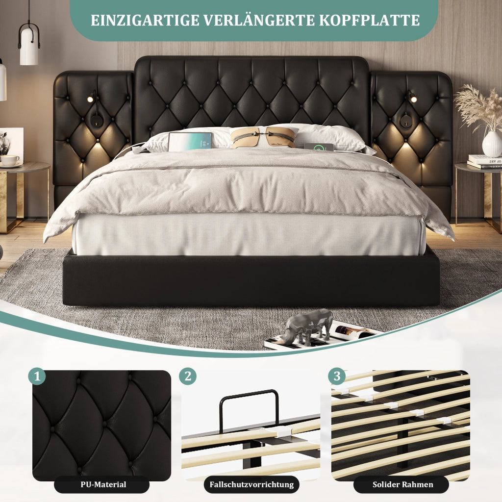 LETTO con testiera allungata 160x200 cm PU nero con luci da lettura e USB