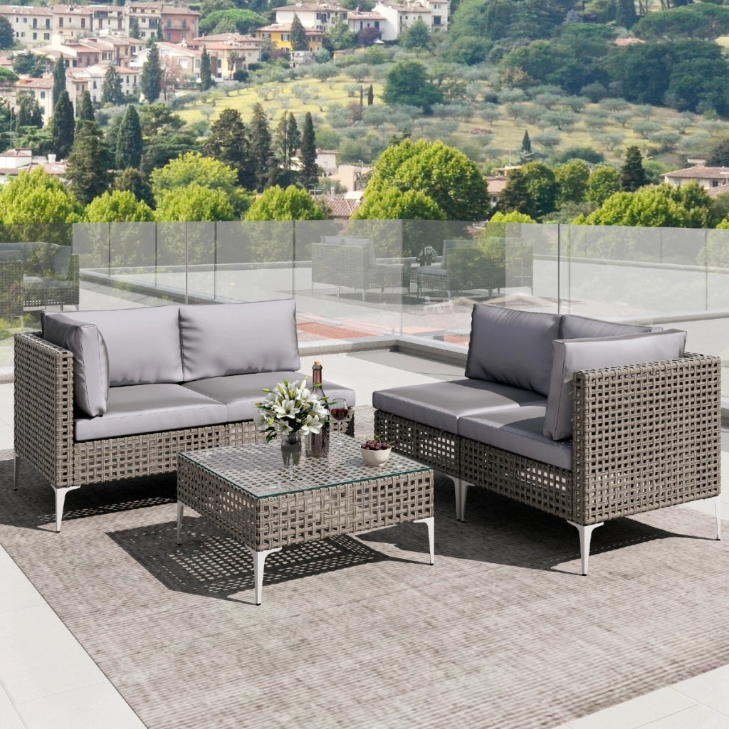 Sedie da giardino in rattan con tavolino da caff¨¨ in vetro temperato per cortile-Divano modulare in vimini con cuscini Grigio misto