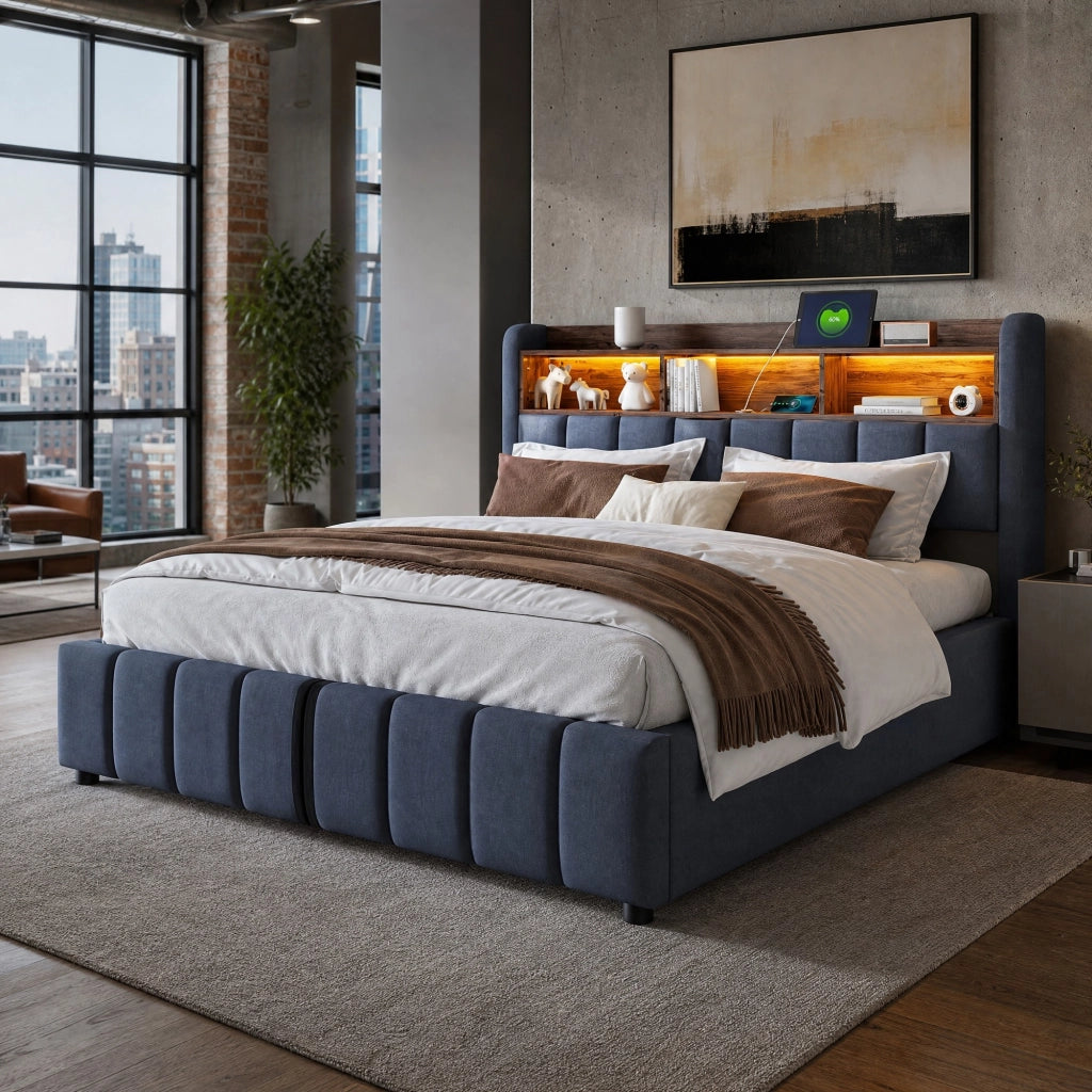 Letto imbottito grigio 180 x 200 cm con LED, USB e vano contenitore