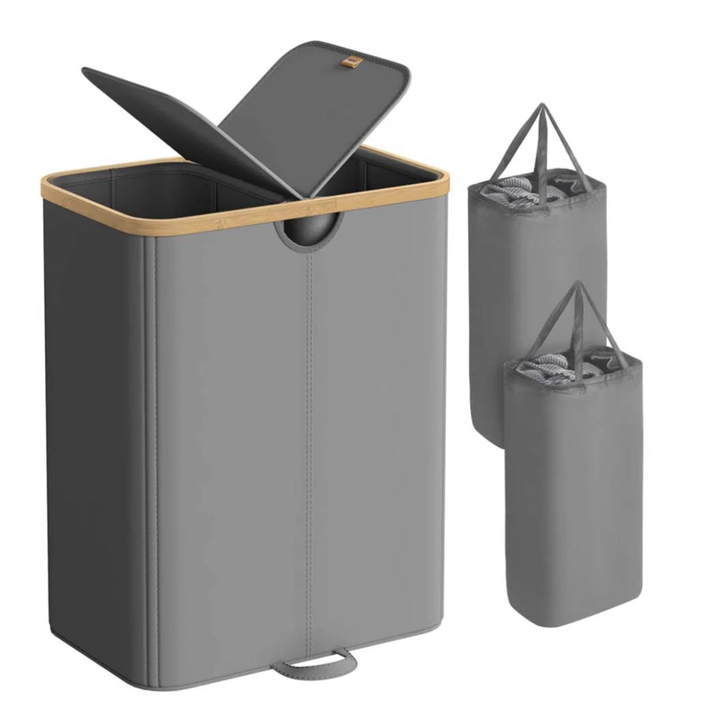 Cesto portabiancheria a 2 scomparti 150 litri contenitore per biancheria sporca con coperchio e sacchetti rimovibili per lavanderia camera da letto soggiorno grigio 12_0006663