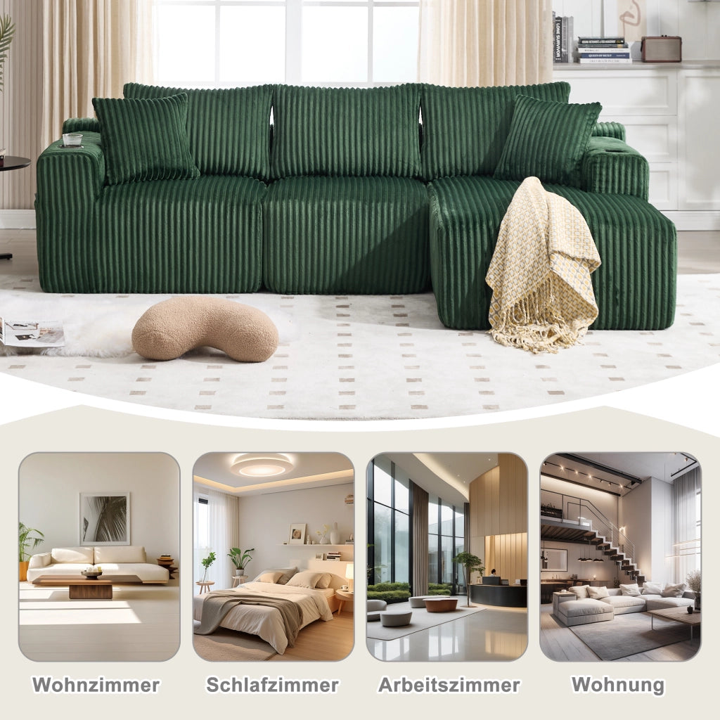 Divano modulare con chaise longue e 2 posti con tasche laterali, porta bicchieri e 5 cuscini, in velluto a coste, Verde Smeraldo