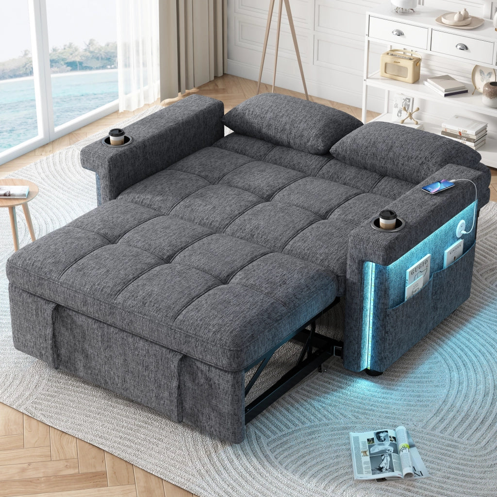Divano letto 2 posti modulare con LED e USB Type-C; schienale regolabile; chenille grigio
