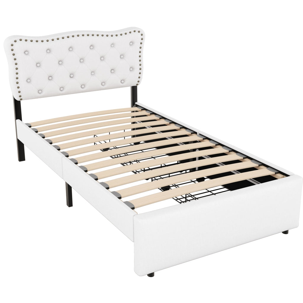 Letto imbottito 90x200 cm con 2 cassetti e testiera regolabile; MDF e lino; beige chiaro