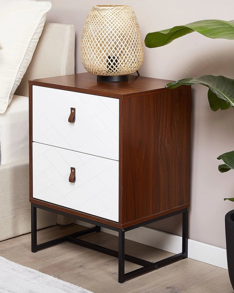 Comodino in legno scuro con gambe in metallo bianco Mobiletto piccolo 69 x 49 cm Comodino moderno Mobili per camera da letto tradizionali