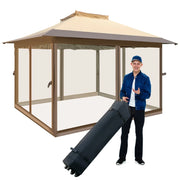 Gazebo pop-up 358x358cm con rete laterale a 4 lati cima ventilata borsa da trasporto, Tenda gazebo istantanea Marrone-Gazebo