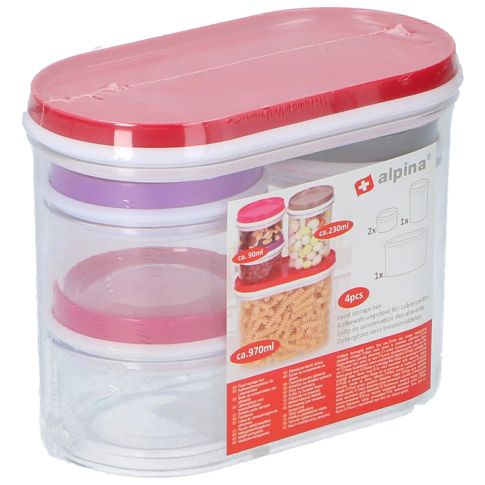 Set 4 Barattoli Contenitori in Plastica Trasparente Tappi Colorati 90/230/970 ml