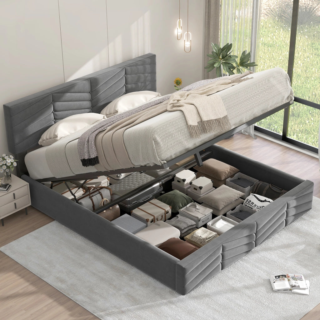 Letto Contenitore Letto Matrimoniale; Vano Contenitore e Testiera Regolabile 140×190 cm; senza Materasso; Grigio