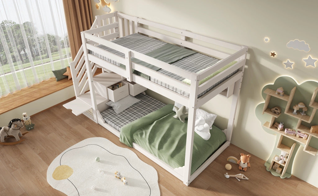 DESMIU Letto a castello bambino 90 × 200 cm 2 posti con scala contenitore e ripiani, senza materasso, in legno, bianco