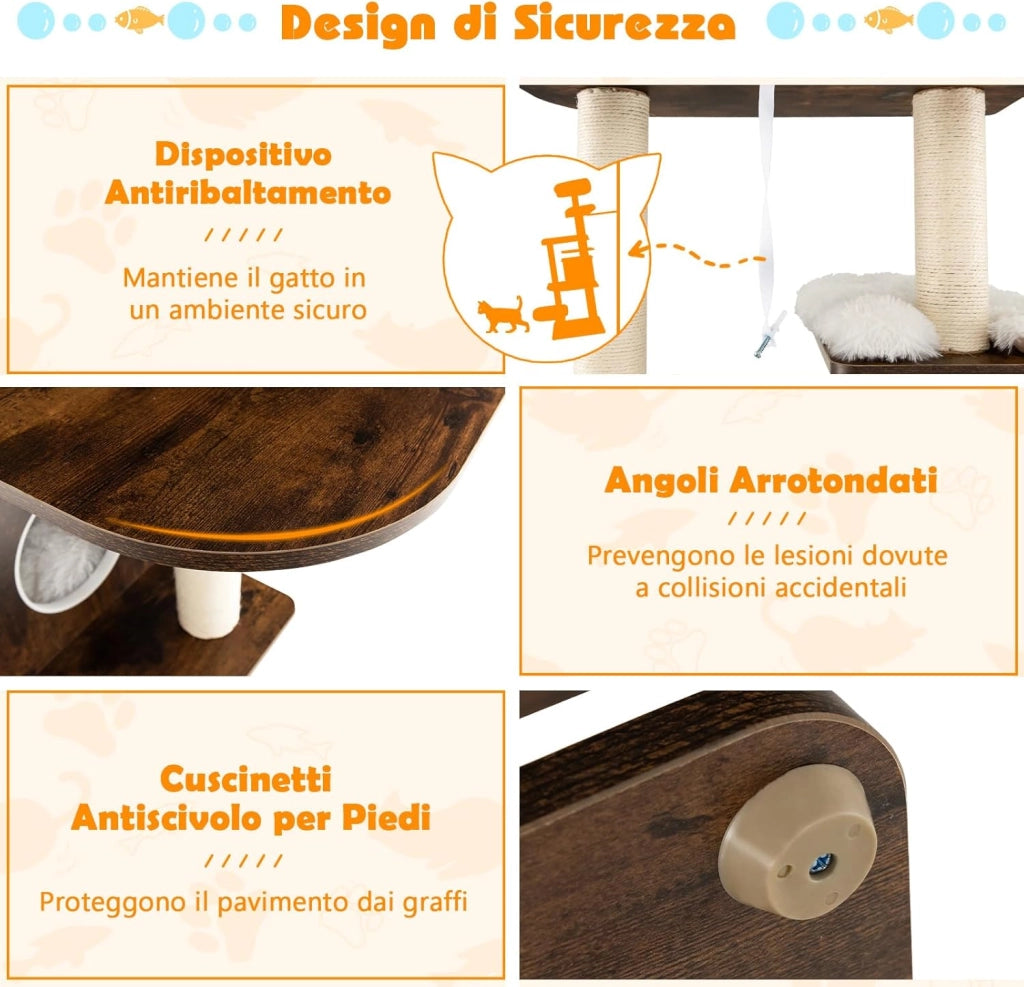 Tiragraffi per Gatti Adulti, Tiragraffi per Gatti con Cuccia, Piattaforma, Cuscini e Tiragraffi, Albero Tiragraffi per Gatti Grandi Alto in Legno, 60 x 60 x 160 cm