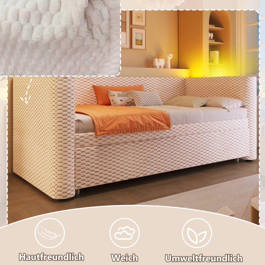OKWISH Letto a Scomparsa 90×200 cm, Letto Singolo con Led Multicolore, Convertibile 180×200 cm, senza Materasso, in Velluto, Beige