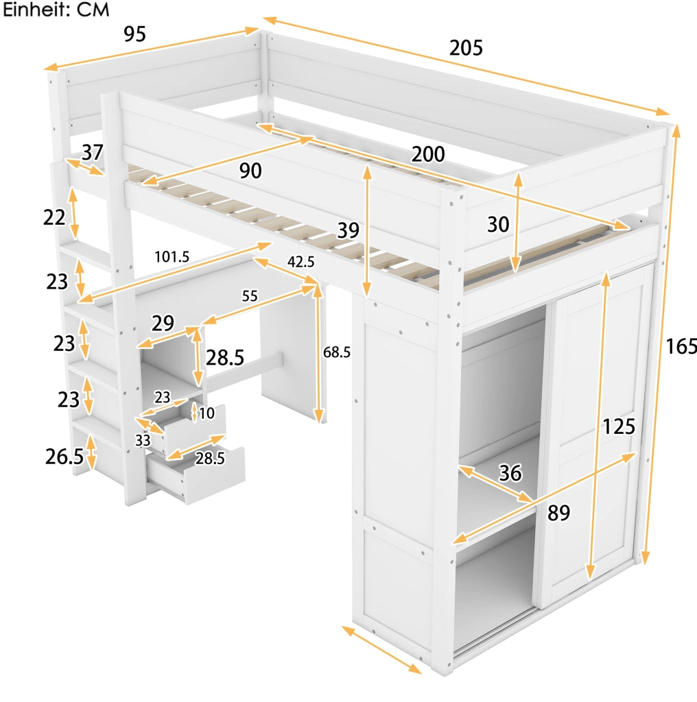 Letto a soppalco 90x200 cm bianco con scrivania, armadio e cassetti
