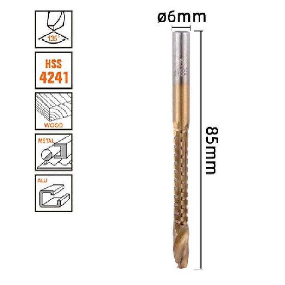 Trade Shop - Punta Trapano Elicoidale ø6mm X 85mm In Titanio Hss 4241 Per Metallo Legno 57150 -