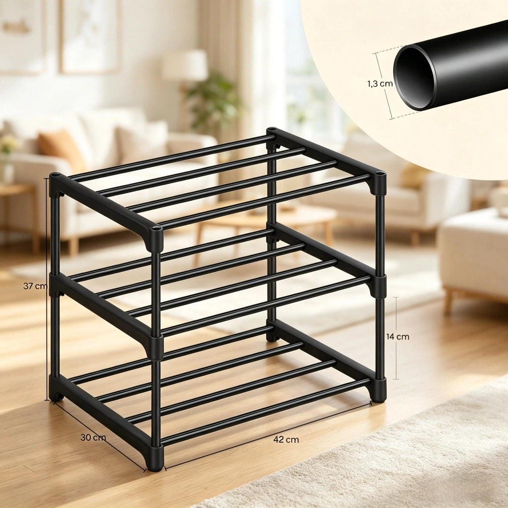 Scarpiera aperta a 3 ripiani con struttura in metallo - per ingresso - 42×30×37 cm - nero