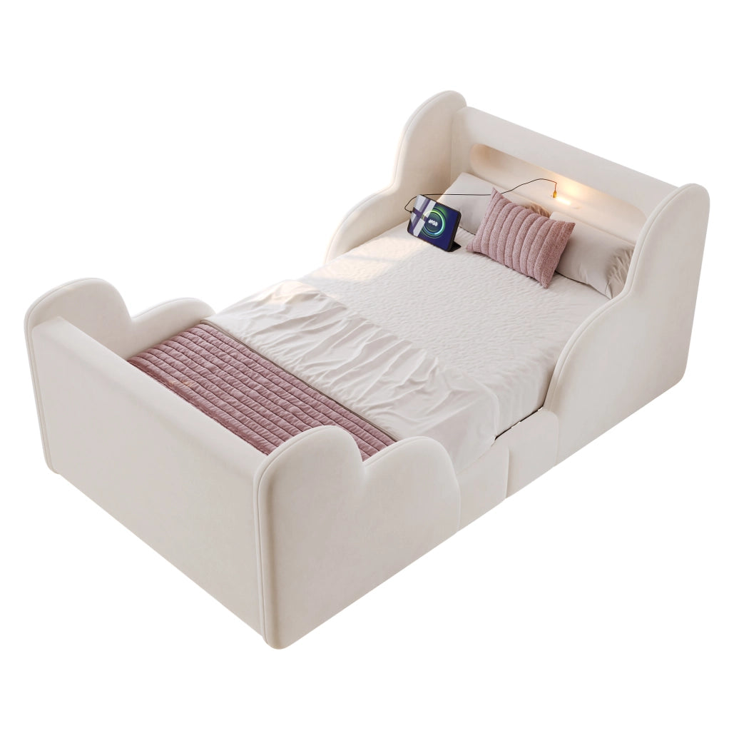 Letto bambino 90x200 cm in velluto beige con sponde imbottite; luce notturna e porte USB e Type-C