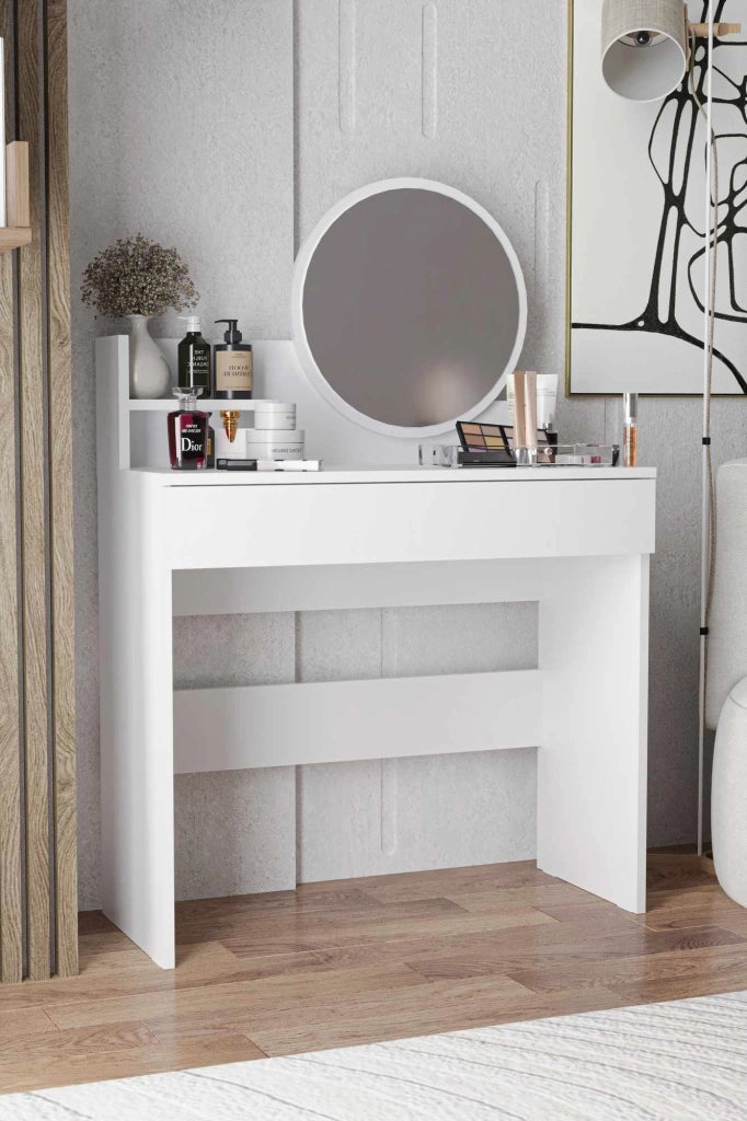 Comodino "Harmony Mini Round" con specchio in legno - 90 x 40 x 133 cm - Bianco