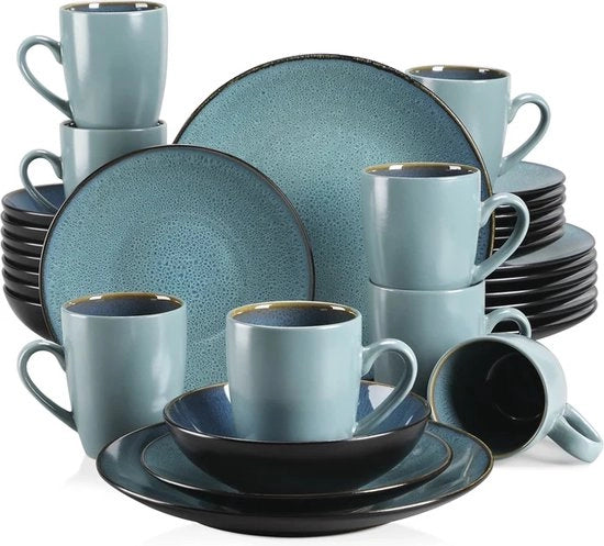 Set da tavola per 8 persone - Blu vintage - Porcellana - Servizio da 32 pezzi - Tavola da pranzo - Tavola da dessert - Piatto - Tazza