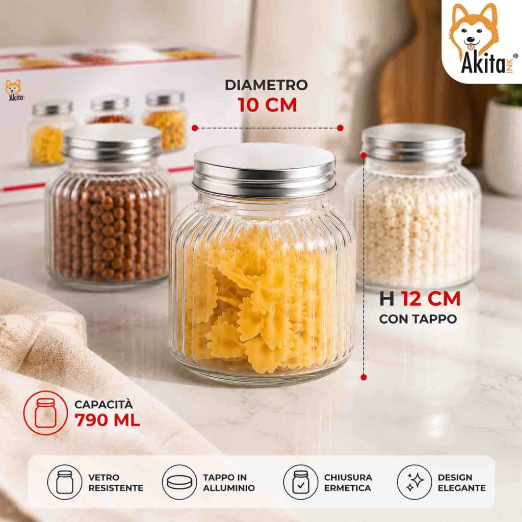 Akitaink Tris Barattoli in Vetro 790 ml con Tappo Alluminio