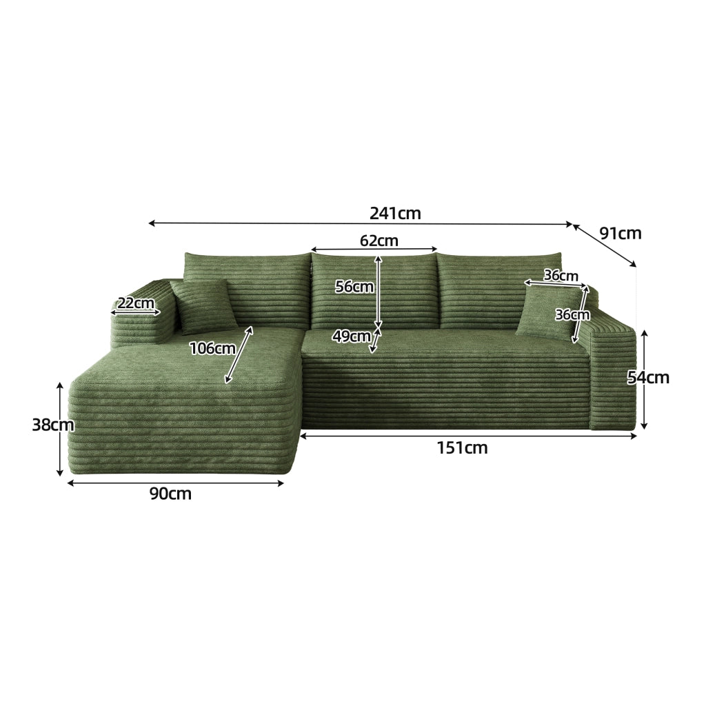 Divano angolare in tessuto con schiuma elastica e linee fluide senza montaggio verde 241 × 151 × 58 cm