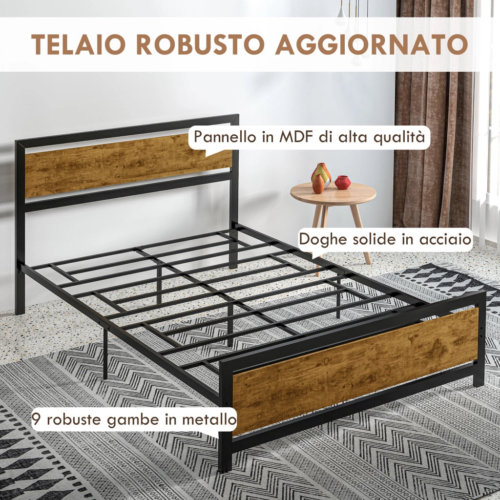 Struttura Letto Una Piazza e Mezza in Legno e Acciaio con Doghe in Stile Industriale, 140x200cm