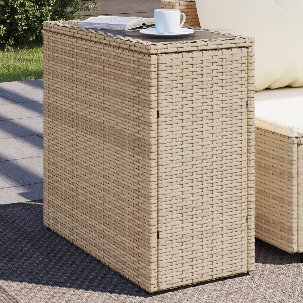 Tavolino da Giardino | Tavolino da esterno Piano Vetro Beige 58x27,5x55 cm Polyrattan