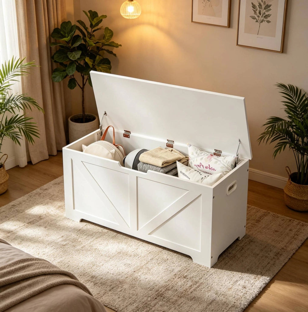 Panca contenitore con coperchio a cerniera; 76 L; in legno composito bianco