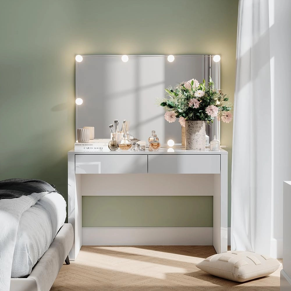 Tavolo da toilette Annabelle, Bianco lucido/bianco, 110 cm con specchio LED e sgabello, Tiene sempre a portata di mano i prodotti di uso quotidiano