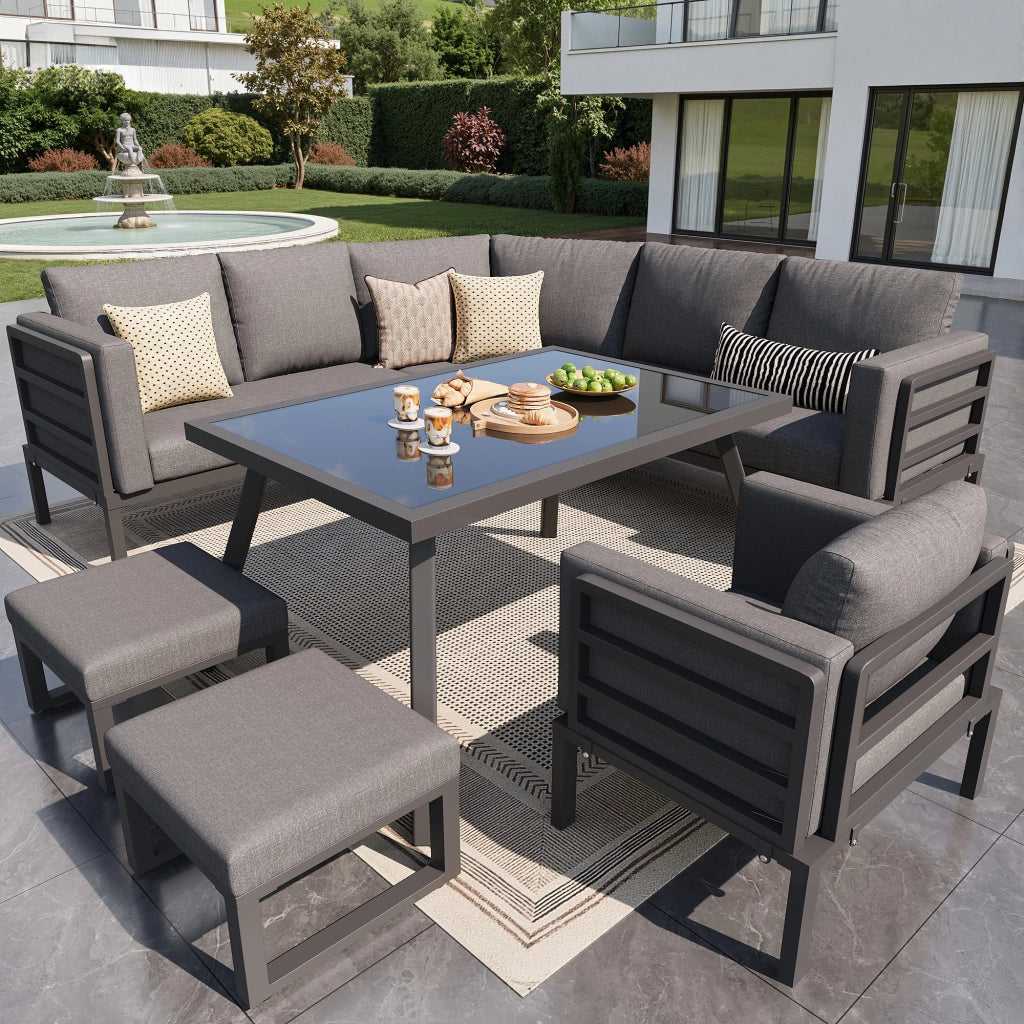 OKWISH Set da 7 Mobili da Giardino con 3 Divani, 1 Poltrona, 2 Sgabelli e 1 Tavolino, Ferro Grigio