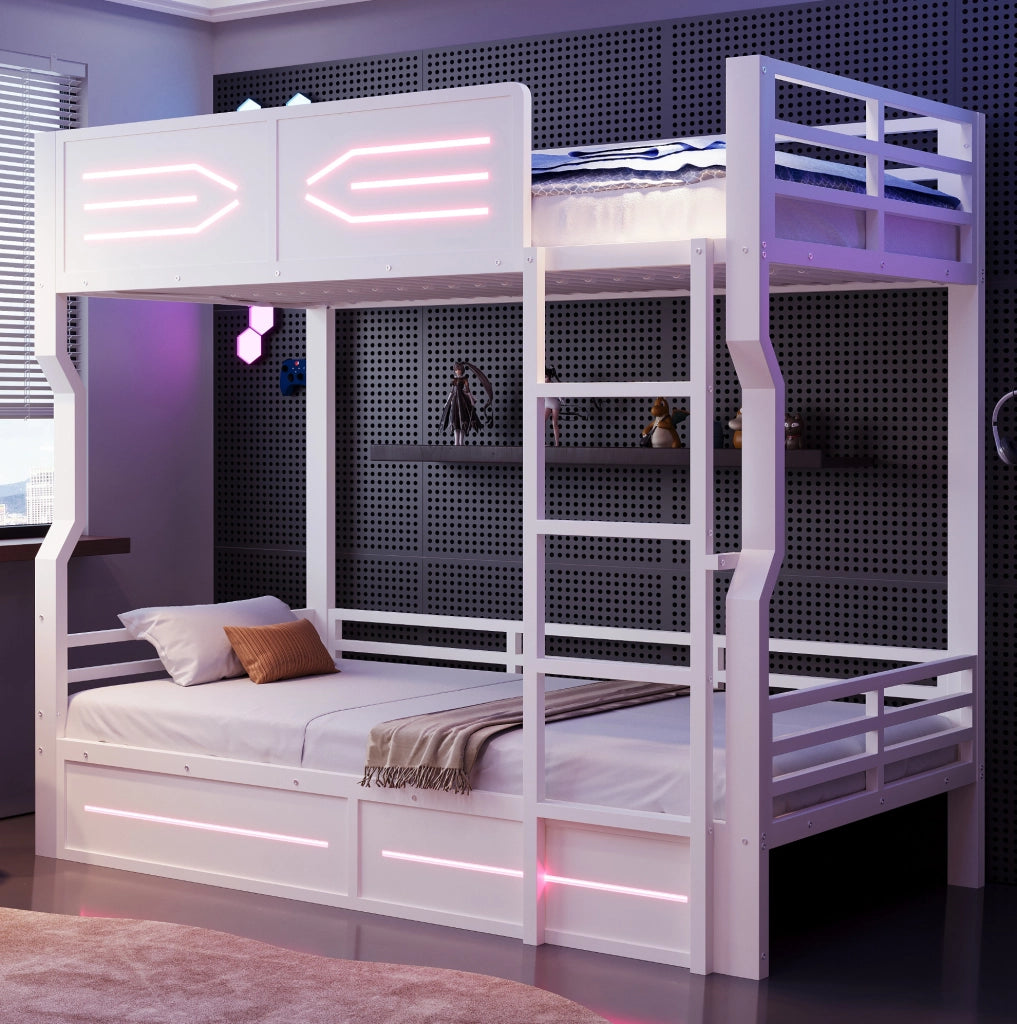 Letto a castello 90x200 cm bianco con LED, scala dritta e sponde di sicurezza