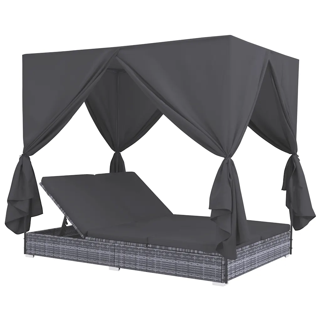 Lettino Prendisole con Tende in Polyrattan Grigiocod mxl 94709