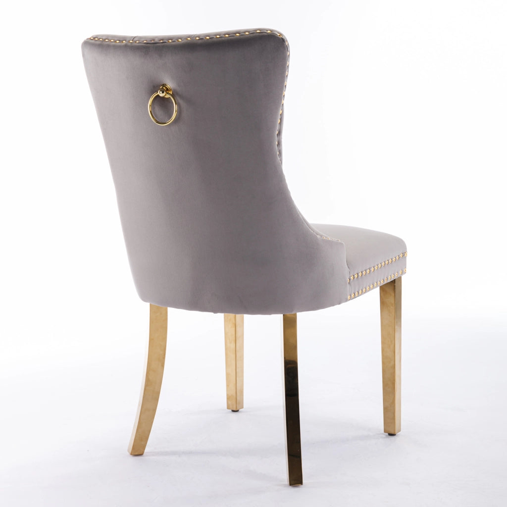 Sedie da Pranzo Imbottite in Velluto ¨C MINIMAL ¨C Set 2 Pezzi, Legno Massello, Gambe Oro, Grigio
