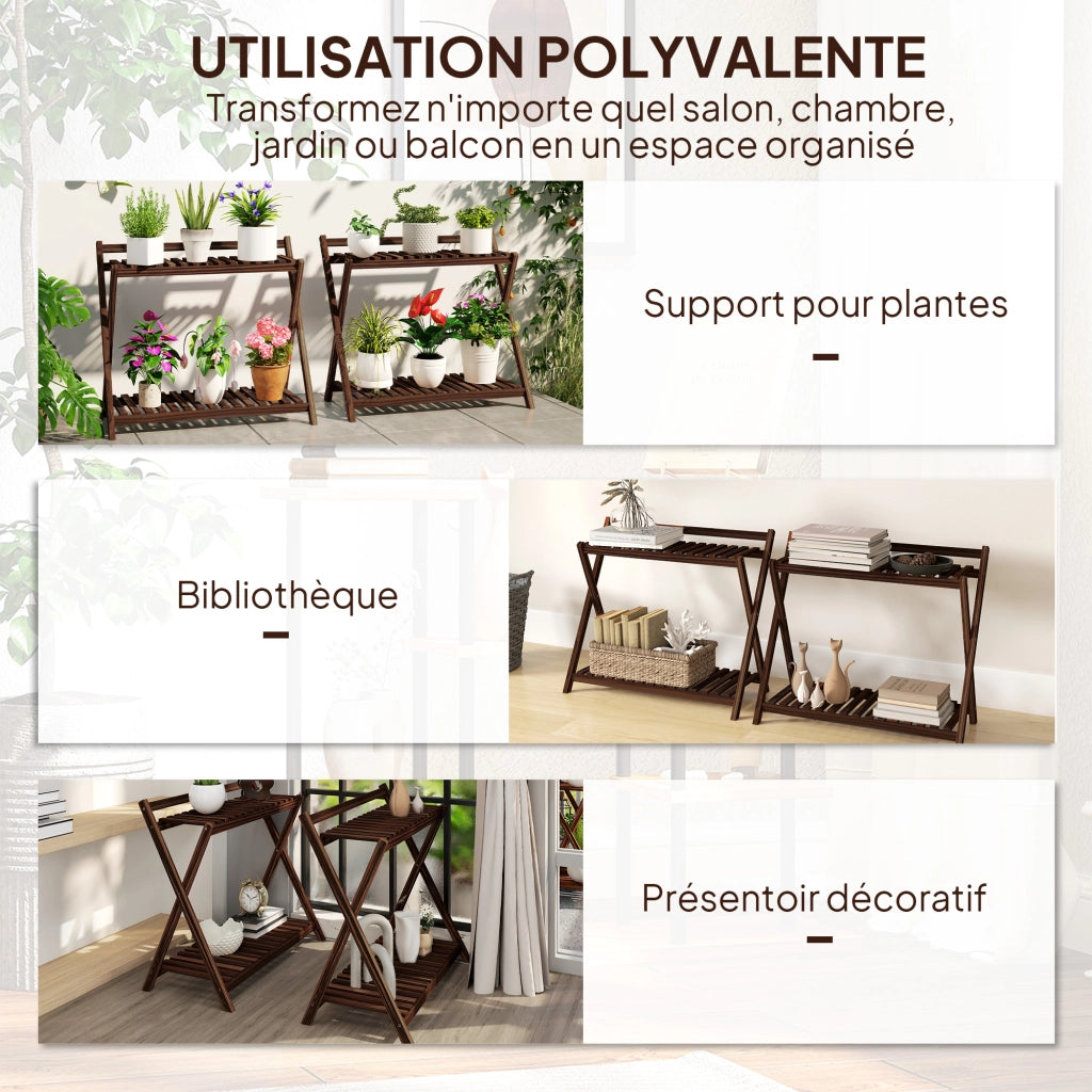 Supporto per piante a 2 livelli con scaffali posteriore ¨C Minimal ¨C 73x36x64 cm marrone