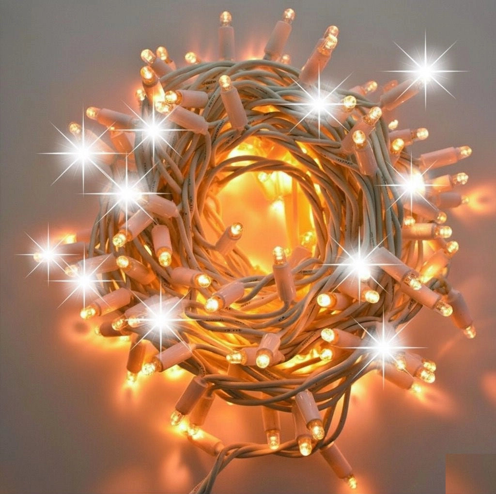 Catena cielo stellato stringa per decorazioni natalizie matrimonio married 100 led cavo bianco 10 mt prolungabili 80 led luce calda + 20 flash luce bianca fredda