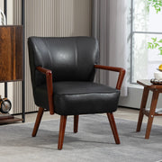 Poltroncina imbottita nera con braccioli e gambe in legno