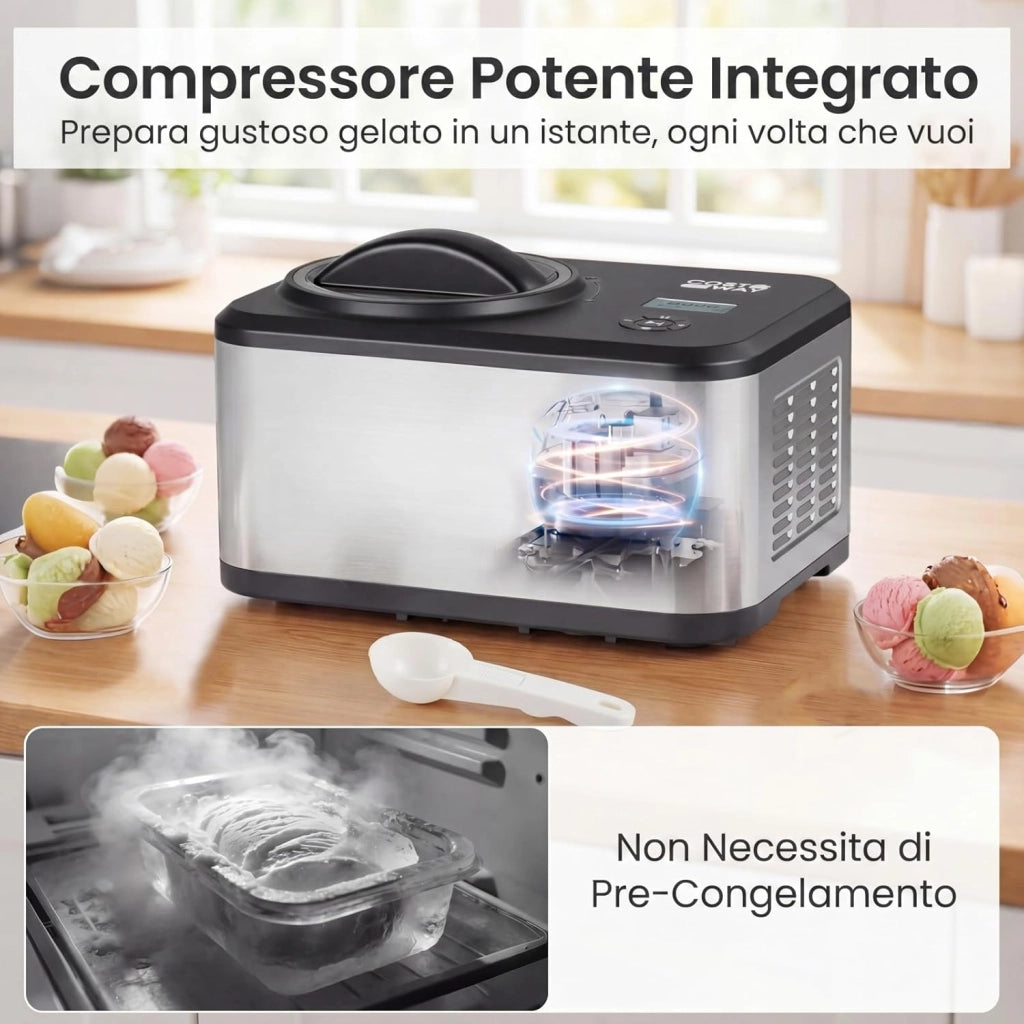 Gelatiera con Compressore 1,5 L, Macchina del Gelato con 4 Modalità, Display LED, Timer 24 Ore e Ciotola Rimovibile, Gelatiera Autorefrigerante in Acciaio Inox per Gelato, Yogurt e Sorbetto