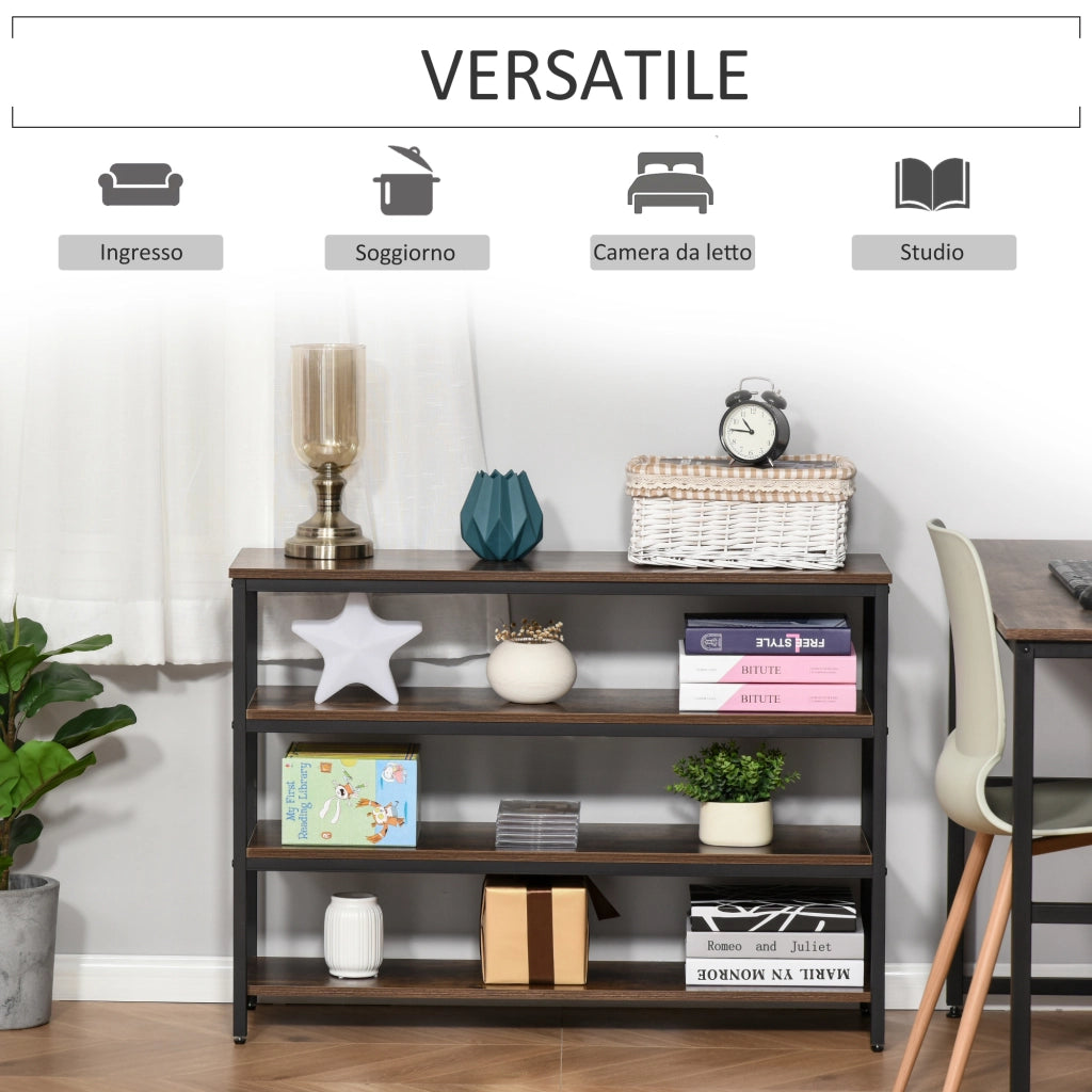 Easycomfort Scaffale Stile Industriale 4 Ripiani, Mobile Libreria per Soggiorno, Ingresso, Camera da Letto, Metallo e Legno, Marrone, 100x30x72cm