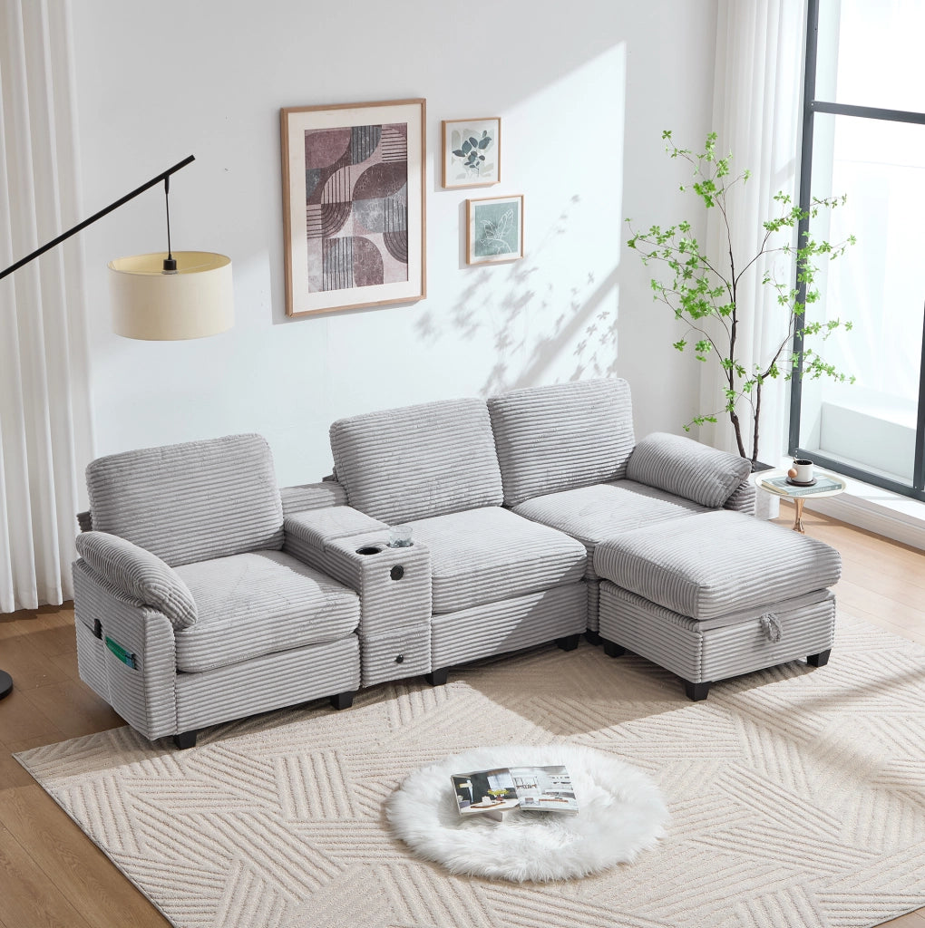 Divano in velluto a coste 266x136x82 cm con pouf contenitore; USB-C e console scorrevole grigio chiaro