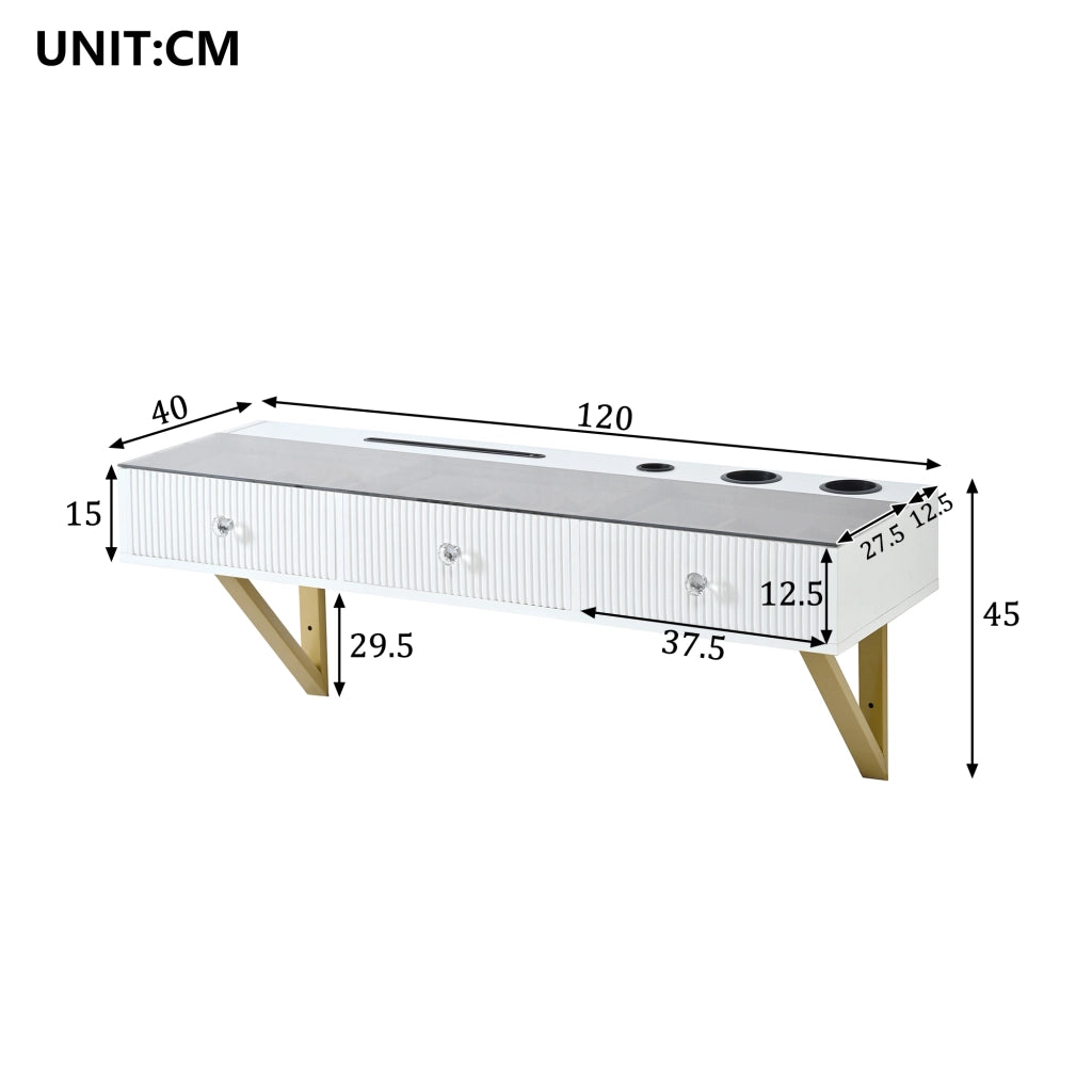 Toeletta sospesa con 3 cassetti, piano in vetro, bianco, 120¡Á40¡Á45 cm