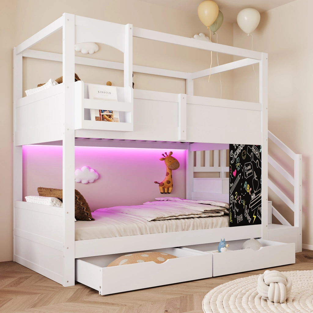 Letto a castello a casetta 90x200 cm con lavagna; 2 cassetti; mensole e scala contenitore; pino e MDF; bianco