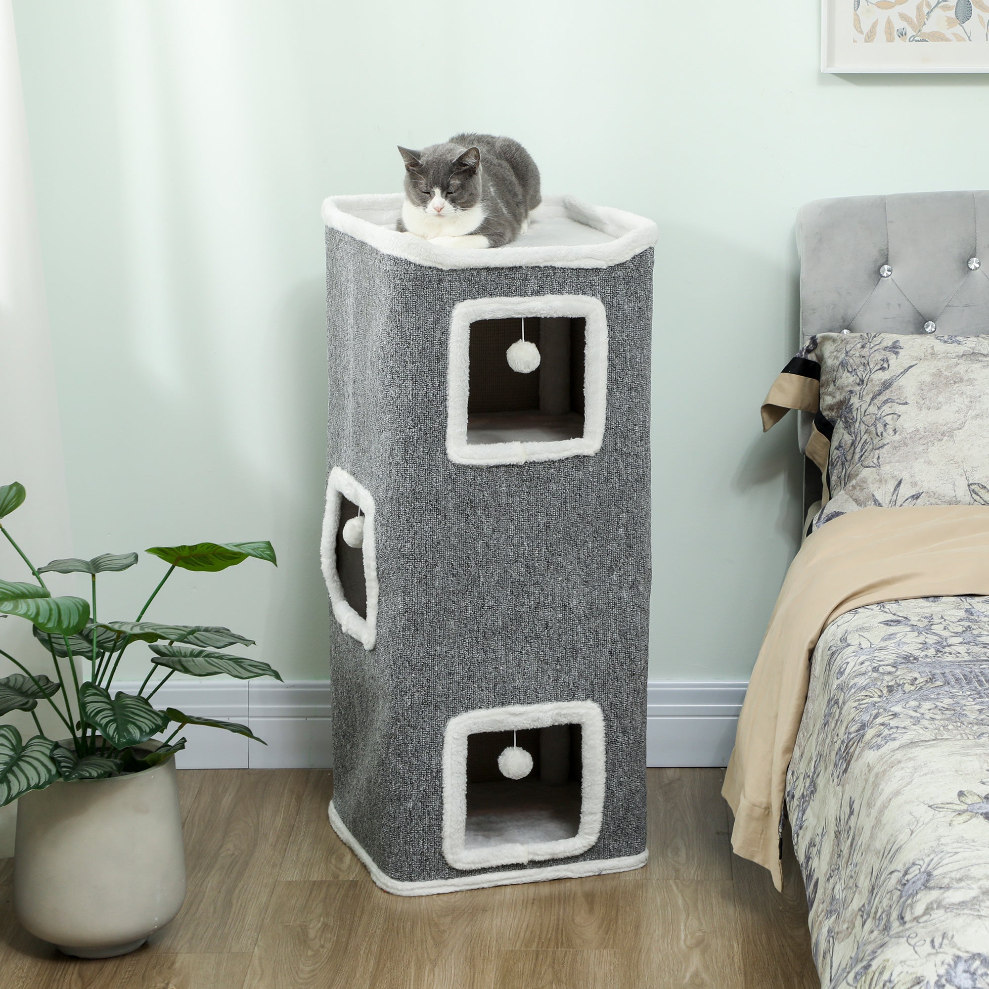 Torre per Gatti con 3 Casette Palline e Posatoio 41x41x100 cm in Legno Tessuto e Peluche Grigio e Bianco
