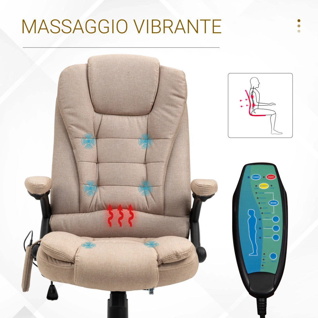 Poltrona da Ufficio Massaggiante con Altezza Regolabile, 6 Punti di Massaggio e Riscaldamento, Beige