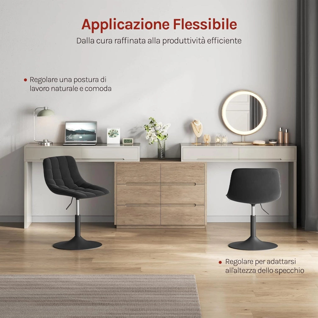 Sgabello da trucco Sedia Alta da Cucina sgabello cucina con Schienale Altezza Regolabile Girevole 360° in Velluto Nero, 38-49.5cm, BH300sz-1