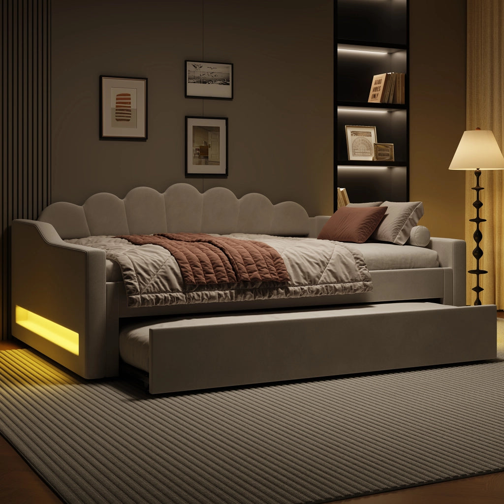 Tagesbett con funzione LED e letto estraibile in MDF impiallacciato e legno compensato 140x200 cm