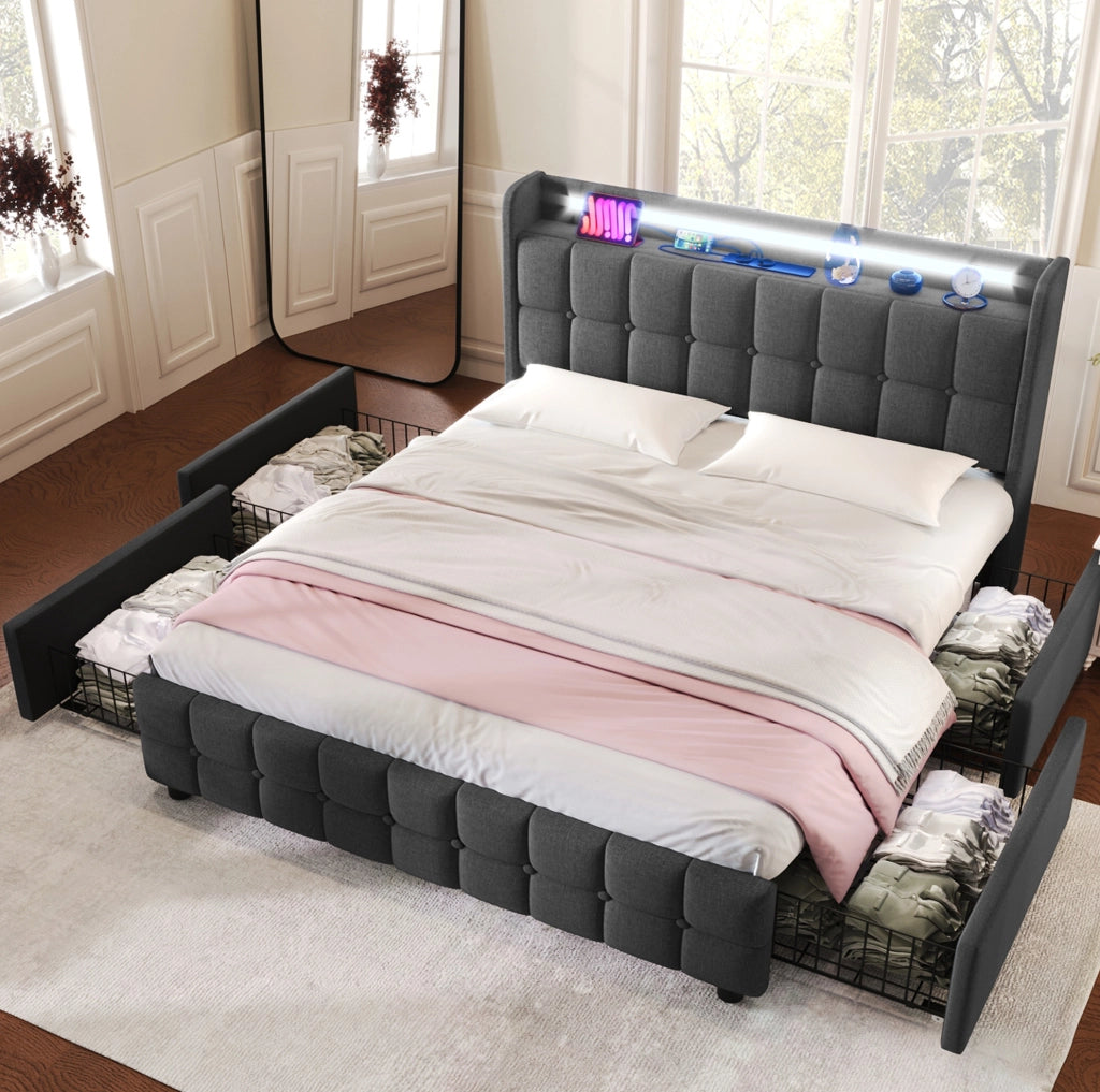 Letto contenitore 140x200 cm con LED; USB; 4 cassetti e testiera; grigio