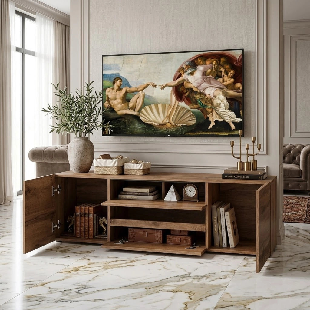 Mobile TV Design Moderno Nordico Con LED Integrati 2 Ante Battenti 1 Anta A Ribalta E Vani A Giorno In Melaminico Per Soggiorno Salotto Zona Living 137 X 45.5 X 33 Cm Rovere