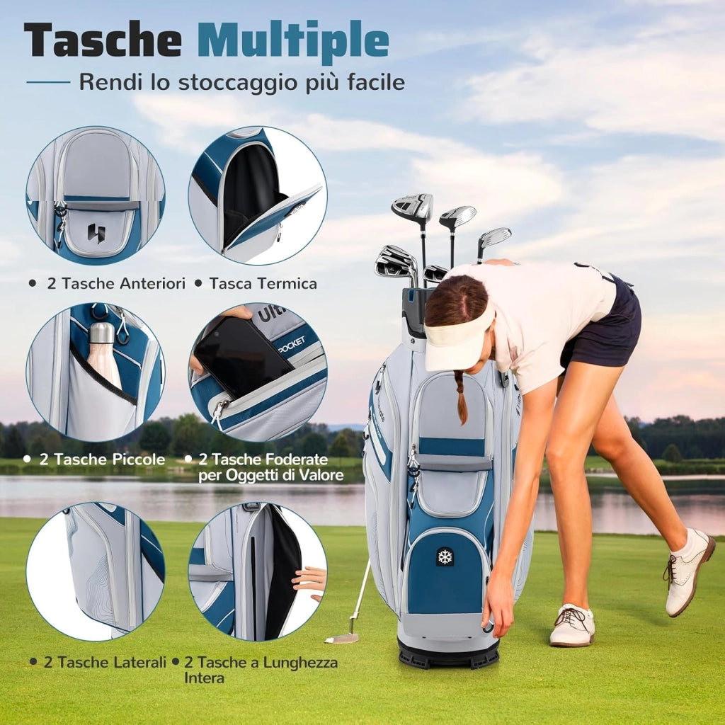 Borsa Carrello da Golf, Sacca da Golf con Serratura e Divisori a 14 Vie, 11 Tasche, Sacca Isolante, Tracolla Imbottita, Maniglie, Porta Ombrello e Cappuccio Antipioggia