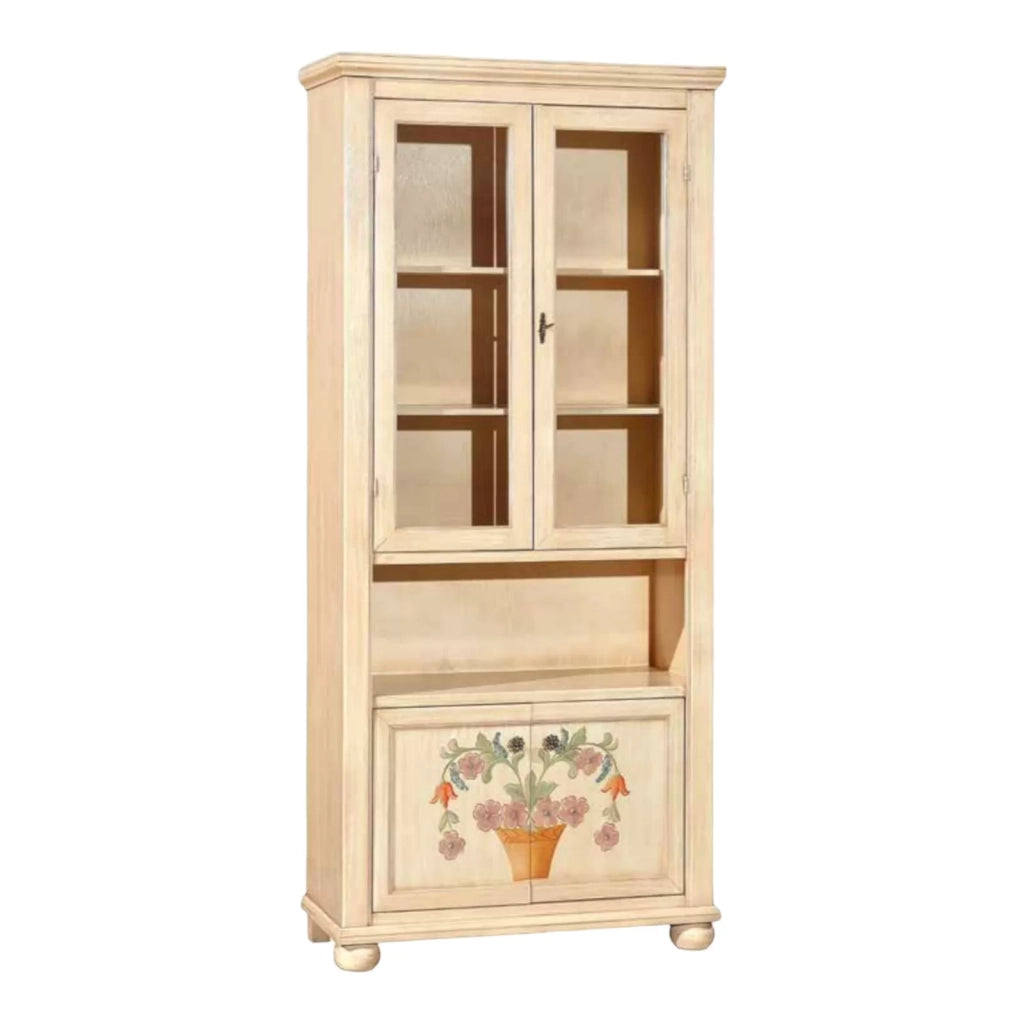 Vetrina in legno shabby avorio pennellato/decori 89x38x198 - Mobili 2G