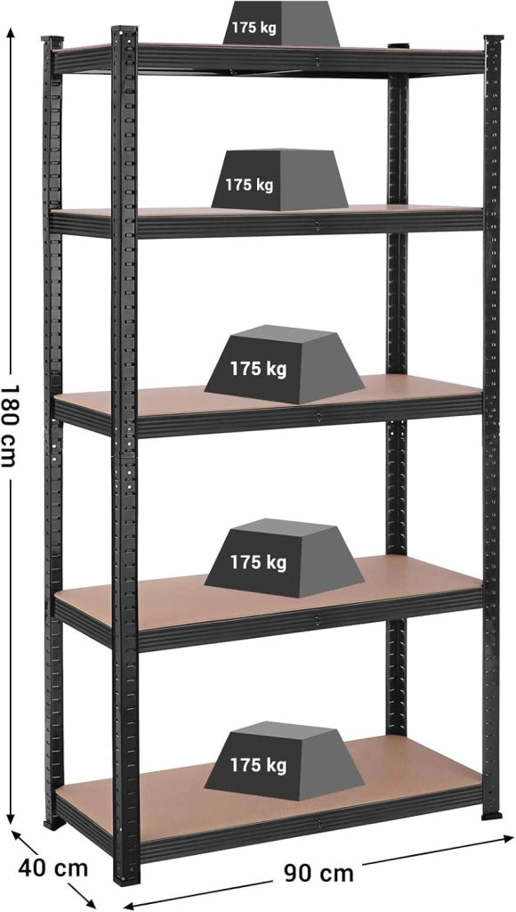SONGMICS Scaffalatura a 5 Ripiani, Scaffale in Acciaio, Montaggio Rapido, Utensili, Strumenti in Garage, Magazzino, Ripostiglio, Portante 875 kg, 40 x 90 x 180 cm, Nero GLR040B01