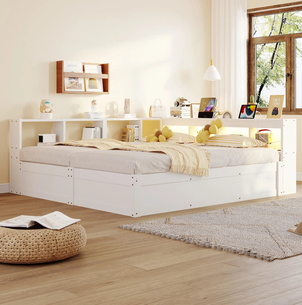 Letto modulare 90/180x200 cm con contenitore idraulico; LED e prese integrate; bianco