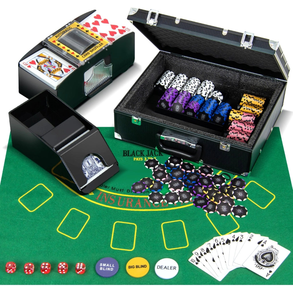 Set di fiches da poker per casin¨°, Fiches da gioco con 300 pezzi di fiches 2 mazzi di carte tappeto da poker Nero