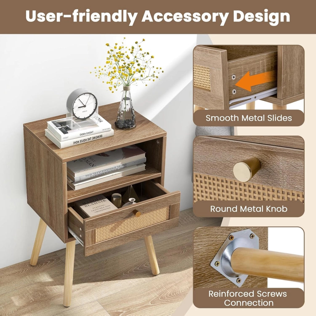 Set di 2 comodini con cassetto in rattan e ripiano aperto, tavolino con gambe in legno massello, comodino in stile boho, per camera da letto, soggiorno, 40 x 30 x 60,5 cm